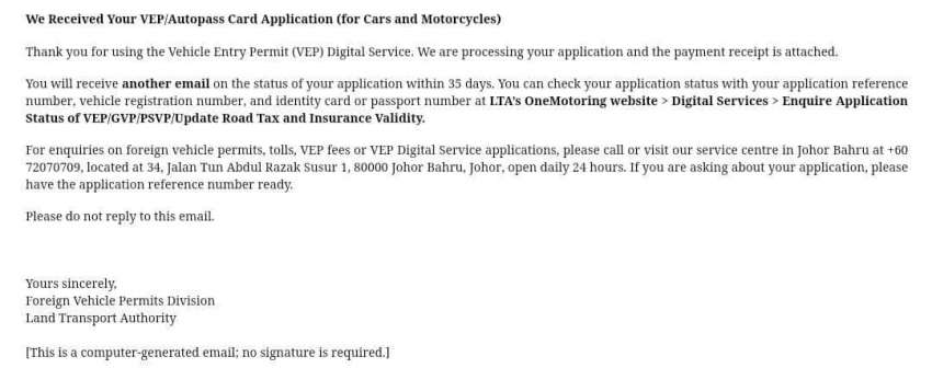 Singapore VEP approvals for Malaysians slow due to increased uptake – wait times now more than 35 days 1441328