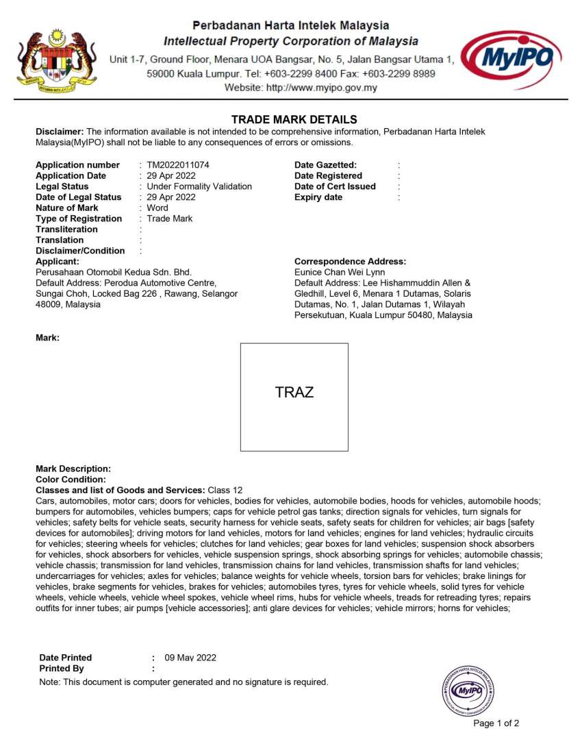 Perodua files Traz and Nexis trademarks with MyIPO 1456154