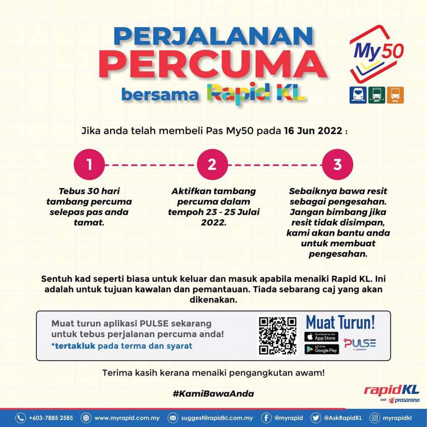 Rapid KL one-month free rides – My50 monthly travel pass holders can redeem FOC rides after card expiry 1470956
