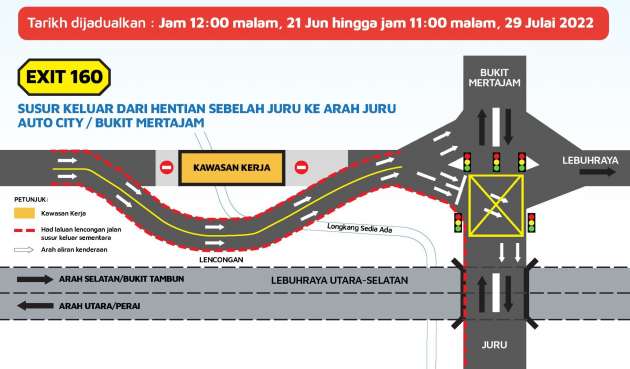 PLUS umum lencongan jalan susur keluar Juru pada 21 Jun-29 Julai 2022 untuk naik taraf sistem perparitan