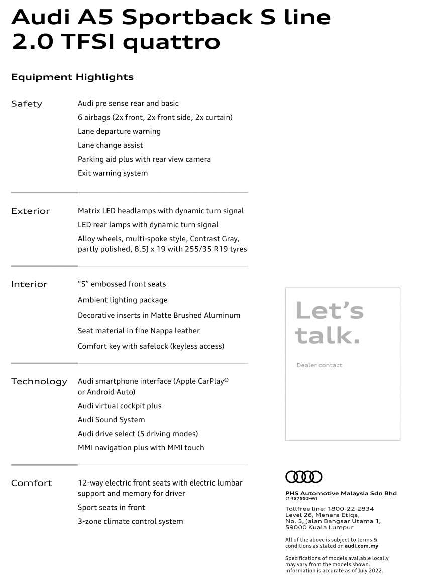 2022 Audi A5 Sportback in Malaysia – 2.0 TFSI quattro now with S line, still no AEB, priced at RM454,162 1478901