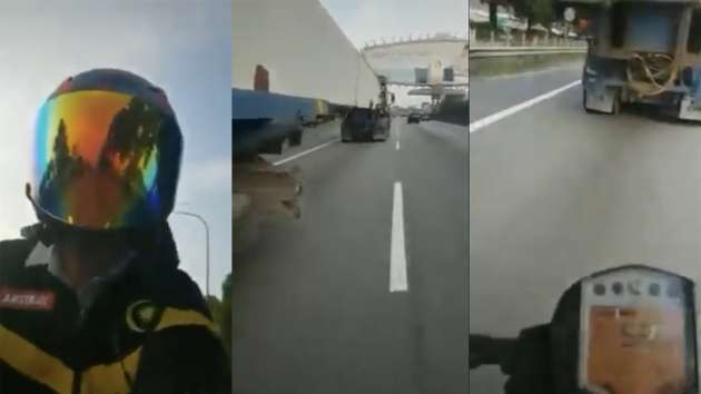 Biker rides under a trailer in Malaysia for TikTok video