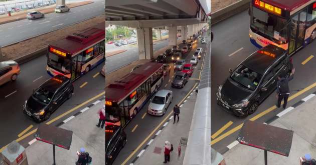 Perodua Myvi driver selfishly stops on yellow line near train station, blocks bus and causes a traffic jam