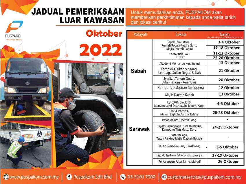 Puspakom’s October 2022 schedule for mobile inspection truck unit, off-site tests for Sabah, Sarawak 1519975