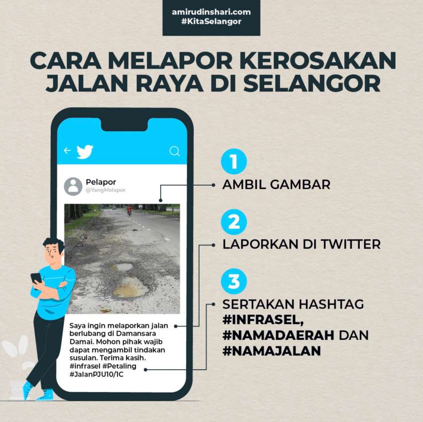 MB Selangor seru pengguna jalan raya melaporkan jalan rosak menerusi Twitter dengan hashtag  #infrasel 1509594