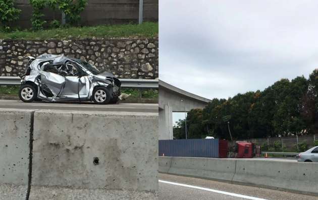 Perodua Myvi makes sudden lane change on highway, gets hit by trailer truck; nine vehicles damaged