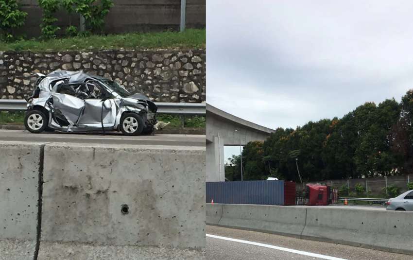 Perodua Myvi makes sudden lane change on highway, gets hit by trailer truck; nine vehicles damaged 1534927
