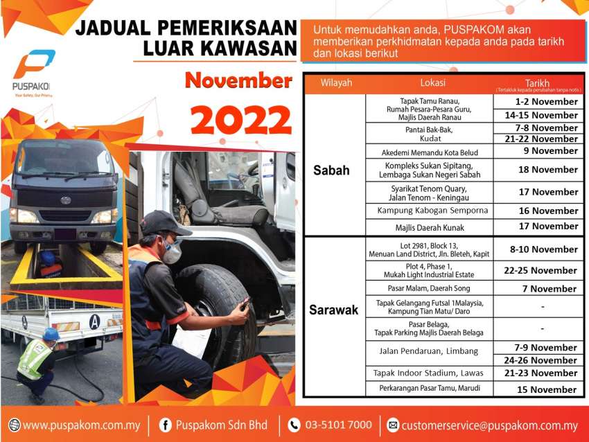 Puspakom’s November 2022 schedule for mobile inspection truck unit, off-site tests for Sabah, Sarawak 1534923