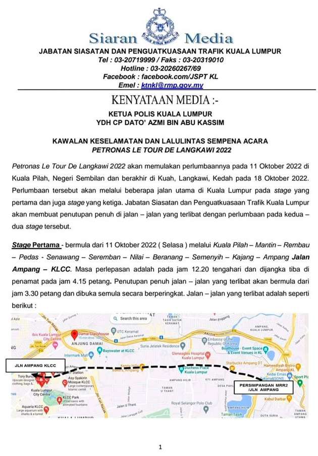 Penutupan jalan, lencongan sempena LTdL 2022; peringkat 1 dari N9-KL mulai 12.30 t/hari ini – PDRM