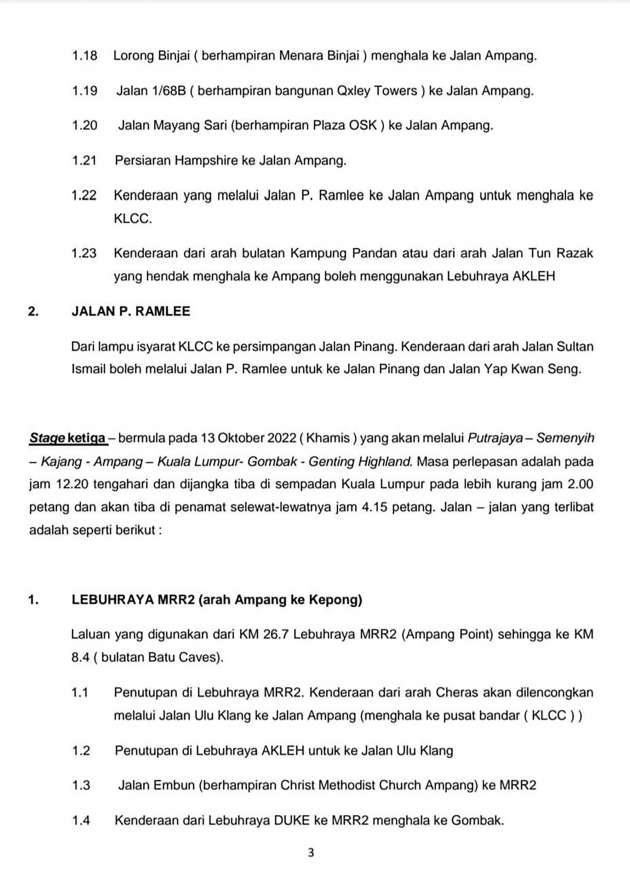 Penutupan jalan, lencongan sempena LTdL 2022; peringkat 1 dari N9-KL mulai 12.30 t/hari ini – PDRM
