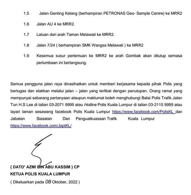 Penutupan jalan, lencongan sempena LTdL 2022; peringkat 1 dari N9-KL mulai 12.30 t/hari ini – PDRM