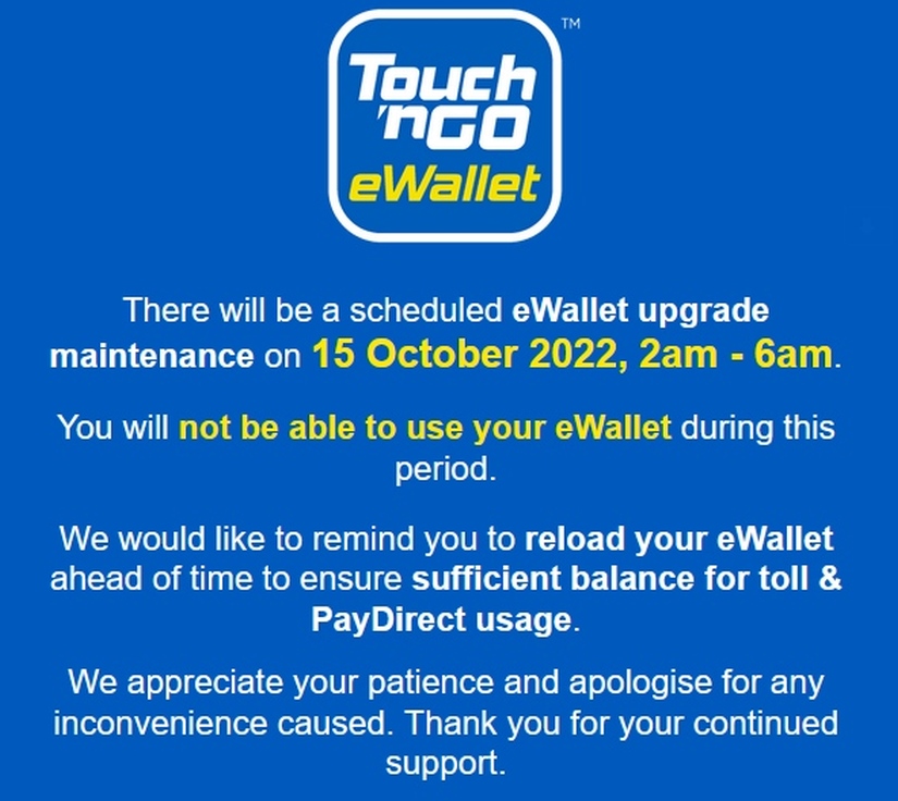 Touch ‘n Go eWallet being upgraded on October 15, users will have no access to app from 2am to 6am 1525372