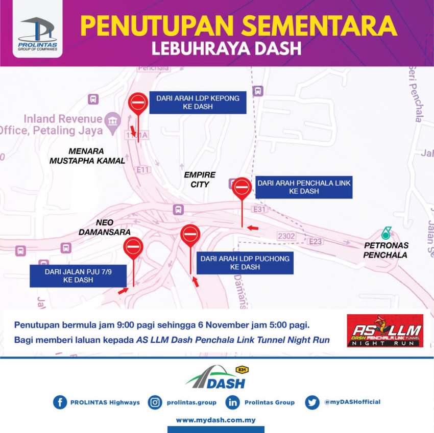 DASH, SPRINT highways to be temporarily closed from Nov 5-6 for AS DASH Penchala Link Tunnel Night Run 1538092