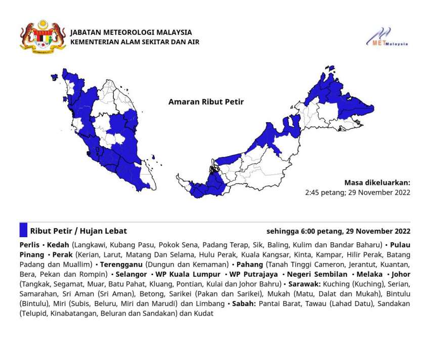 JPS issues flash flood warning for areas in Johor, Perak, Kedah, Pahang, Selangor & Negeri Sembilan 1549709
