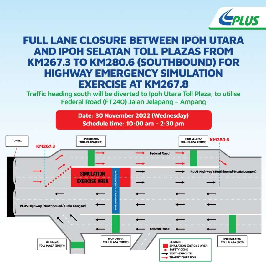 Full PLUS Highway Ipoh southbound closure on Nov 30 for simulation exercise – use back roads instead 1550265