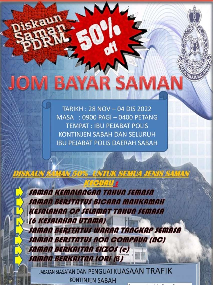 Diskaun saman 50% bagi kes trafik terpilih di Lalaport KL hingga 1 Dis, di IPK Sabah hingga 4 Dis – PDRM 1550291