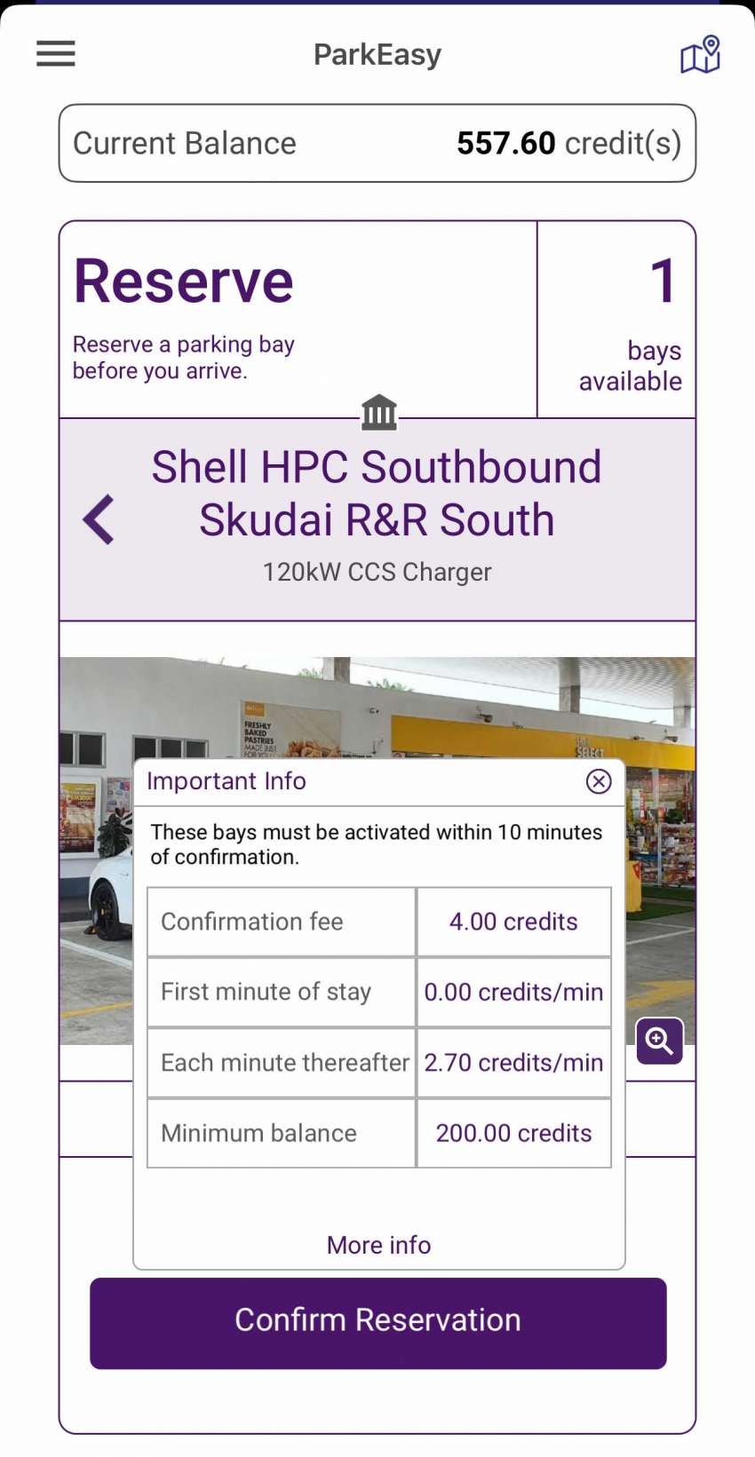 Shell Recharge Skudai R&R south-bound DC charger – 120 kW CCS2, book via ParkEasy, RM2.80/min 1548893