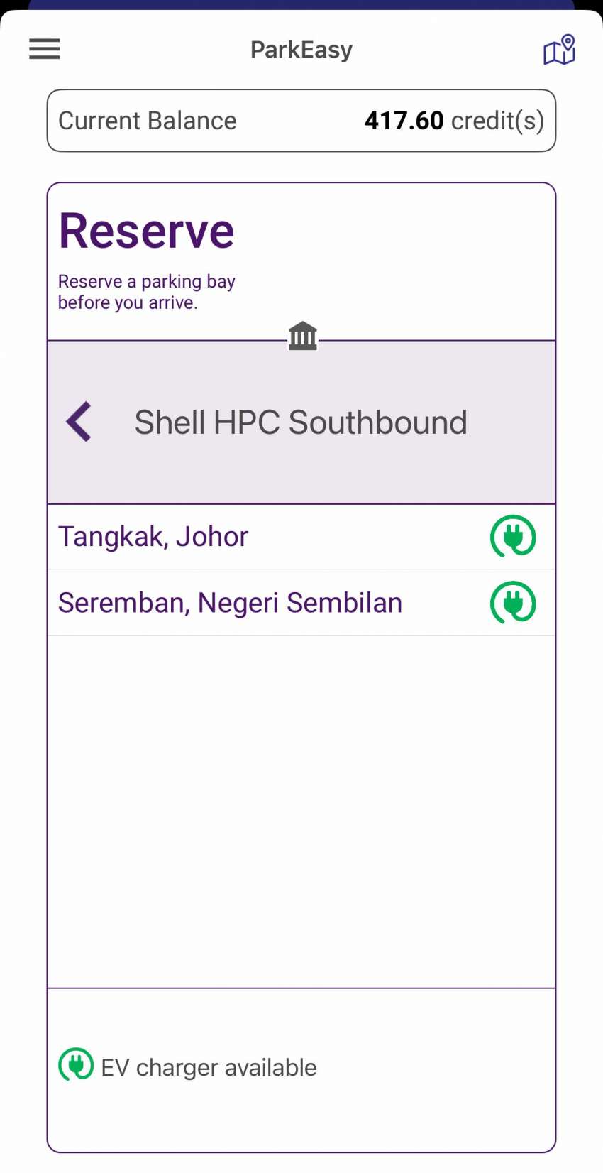 Shell Recharge Seremban south-bound DC charger – RM4 per minute 180 kW CCS2, book via ParkEasy 1536311