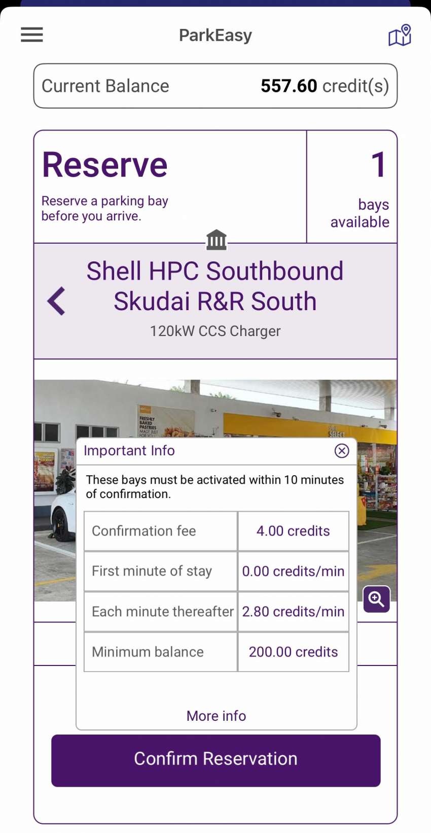 Shell Recharge Skudai R&R south-bound DC charger – 120 kW CCS2, book via ParkEasy, RM2.80/min 1549187
