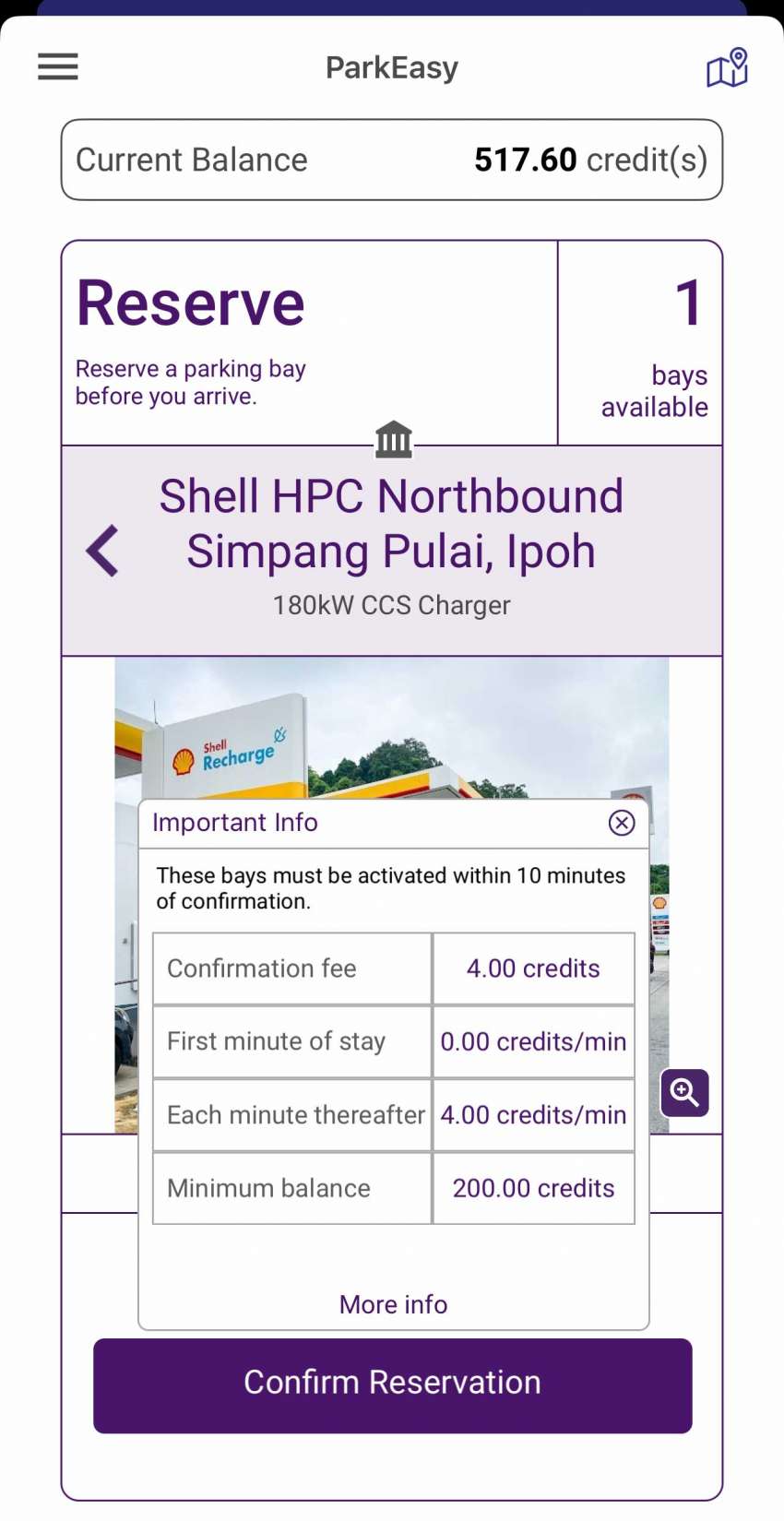 Shell Recharge Simpang Pulai north-bound DC charger – 180 kW CCS2, book via ParkEasy, RM4/min 1544023