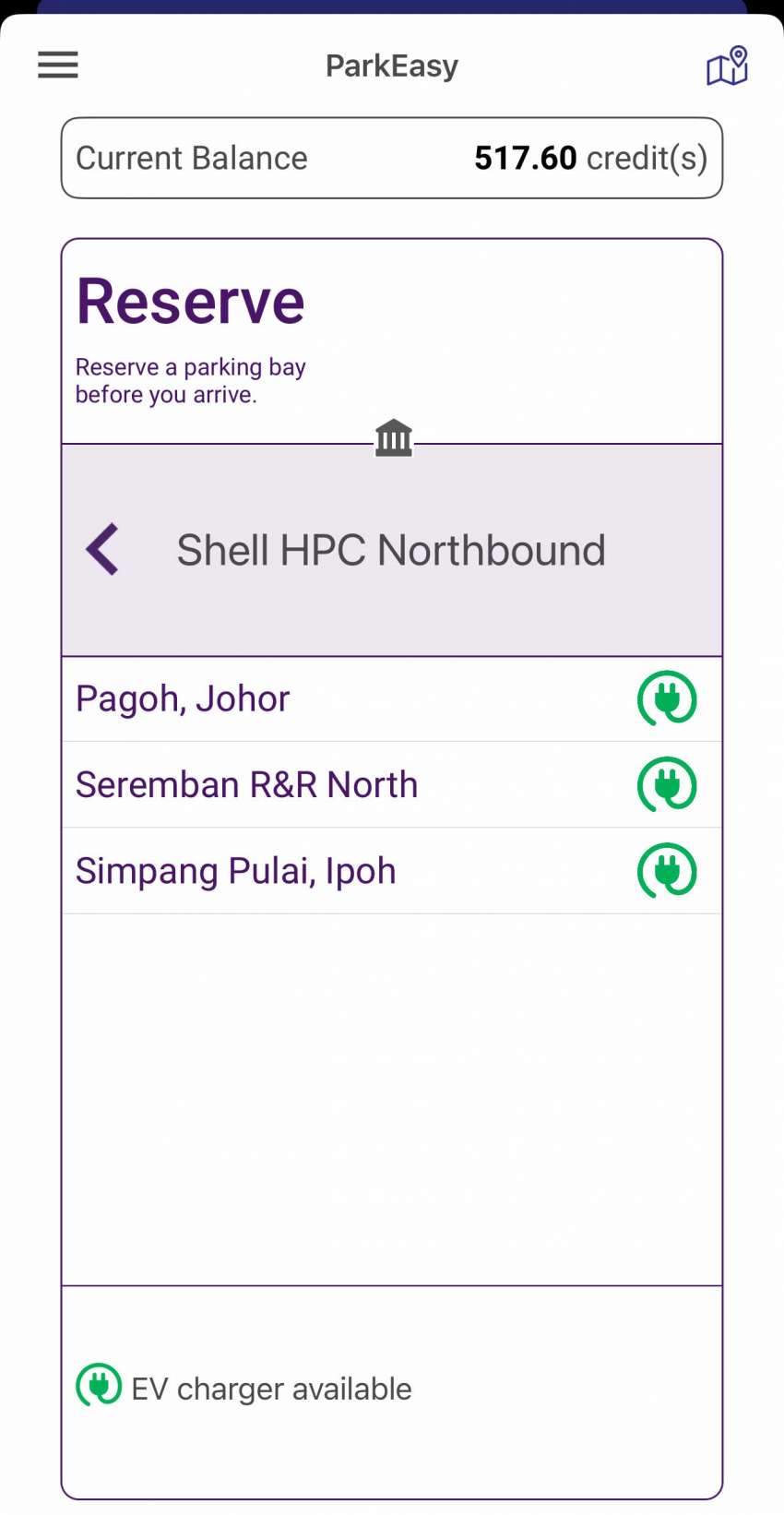 Shell Recharge Simpang Pulai north-bound DC charger – 180 kW CCS2, book via ParkEasy, RM4/min 1544024
