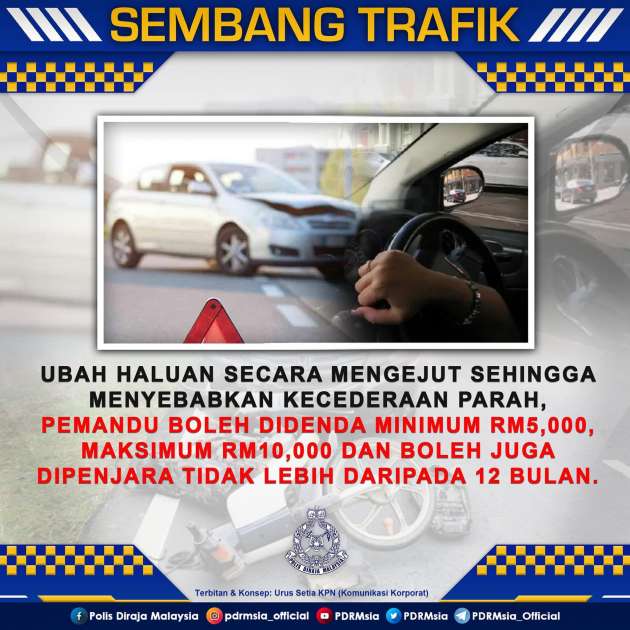 Change lanes without signalling, causing an accident – up to RM10k fine, 12 months in jail, warn the police