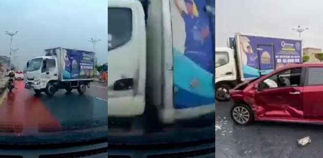 Lorry driver loses control, “drifts” and crashes into a Perodua Bezza parked on a yellow line in Putrajaya