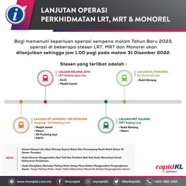 Perkhidmatan LRT, MRT, monorel dilanjutkan operasi hingga 1 pagi pada malam ambang Tahun Baharu