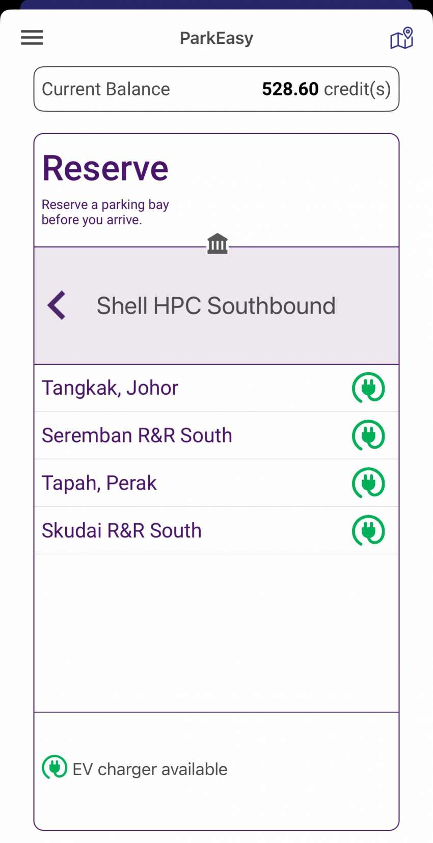 Shell Recharge Tapah south-bound DC charger – 180 kW CCS2, book via ParkEasy, RM4 per minute 1556046