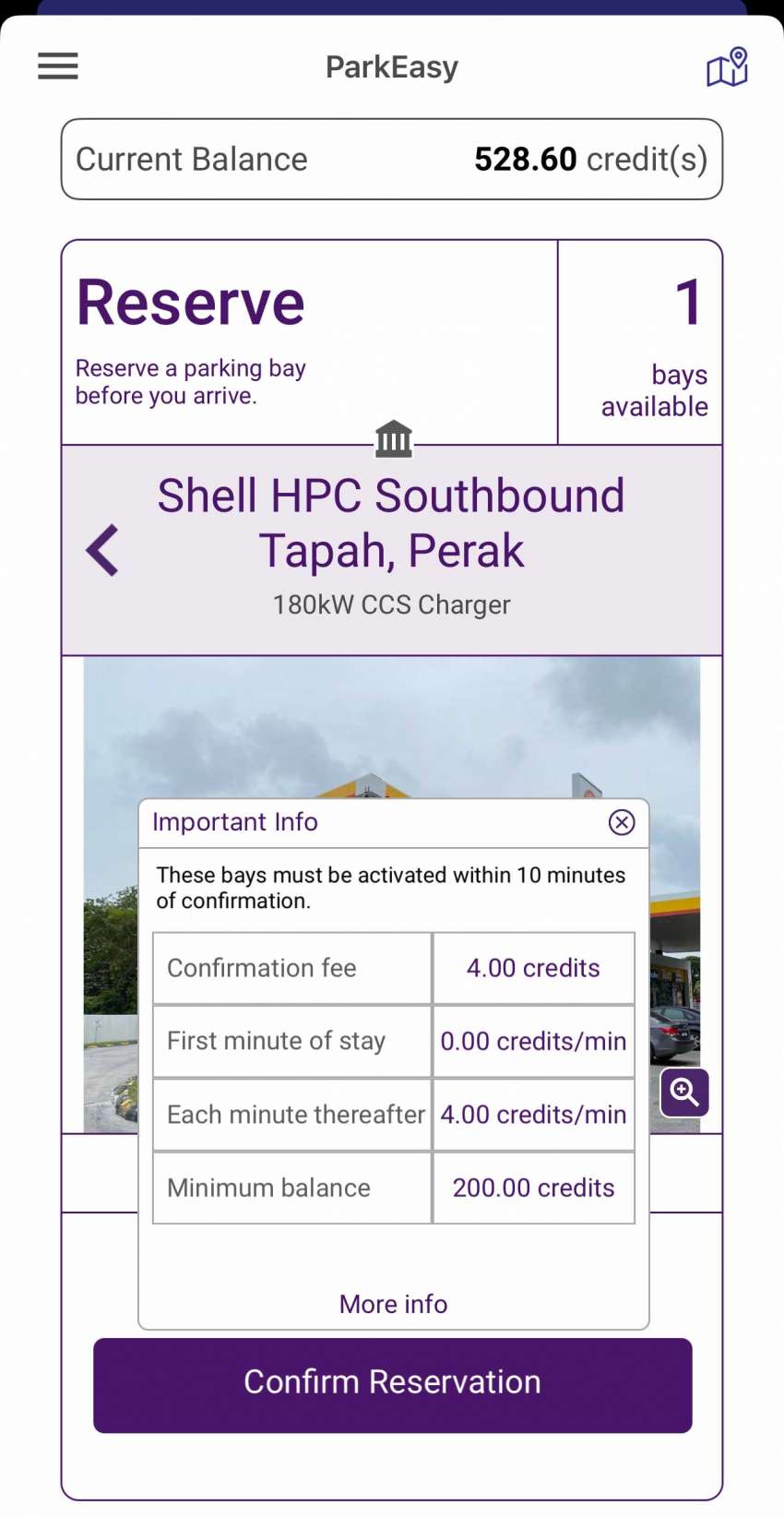 Shell Recharge Tapah south-bound DC charger – 180 kW CCS2, book via ParkEasy, RM4 per minute 1556047