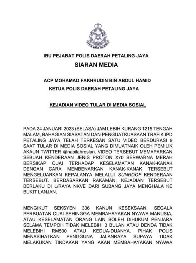 Letting your kids stick their heads out through your sunroof could land you a RM500 fine and 3 months jail