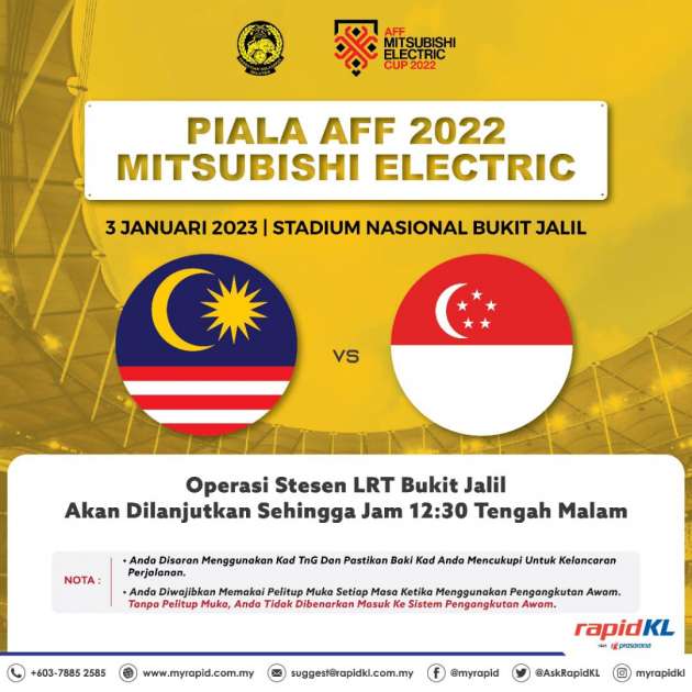 Stesen LRT Bukit Jalil dilanjutkan operasi hingga 12.30 t/malam ini sempena Piala AFF 2022 M’sia VS S’pura