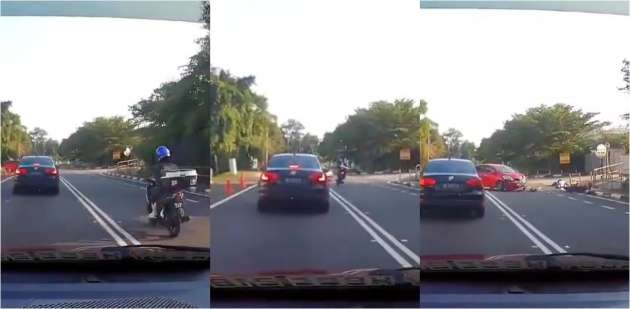 Motociclista adelanta a autos en una carretera de doble sentido en Bangi, choca contra Myvi al salir de un cruce