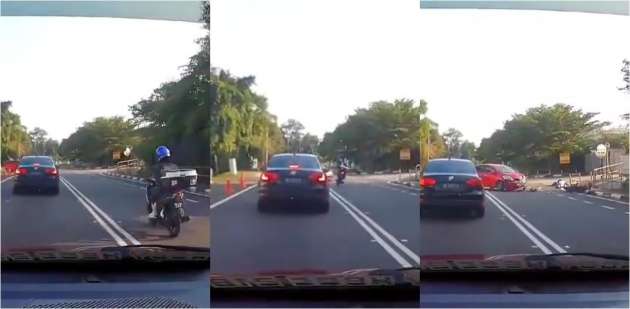 Motorcylist overtakes cars on a double-lined two-way road in Bangi, crashes into a Myvi exiting a junction