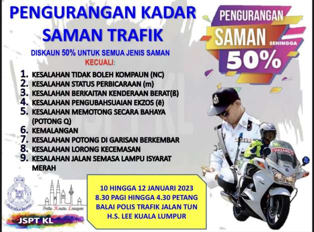 JSPT KL beri 50% diskaun saman trafik terpilih pada 10-12 Jan 2023 di Balai Polis Jalan Tun H.S Lee