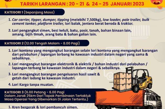 Larangan pemanduan kenderaan barangan pada 20-21 Jan & 24-25 Jan sempena Tahun Baharu Cina 2023