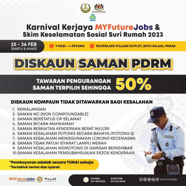 Polis Perak beri 50% diskaun saman trafik terpilih pada 25-26 Feb 2023 di Silverlake Village Outlet, Batu Gajah