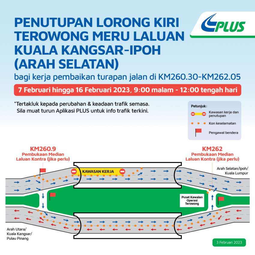 PLUS Meru Tunnel left lane closure from Kuala Kangsar to Ipoh southbound – nightly till Feb 16 1572655