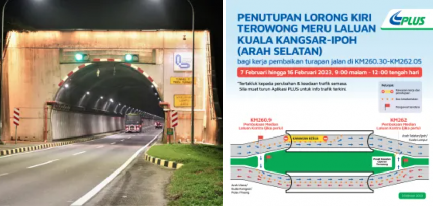 PLUS Meru Tunnel left lane closure from Kuala Kangsar to Ipoh southbound – nightly till Feb 16 1572660