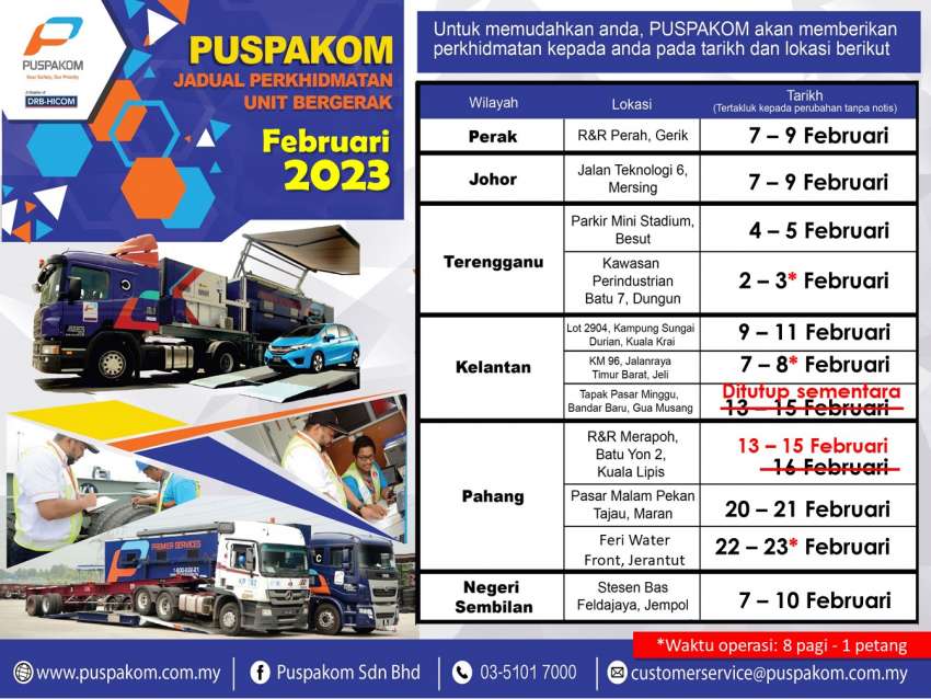 Puspakom’s February 2023 schedule for mobile inspection truck unit, off-site tests for Sabah, Sarawak 1571938