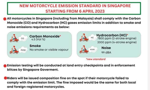 Malaysian motorcycles must comply with Singapore’s new emission standard from April, on-the-spot fines