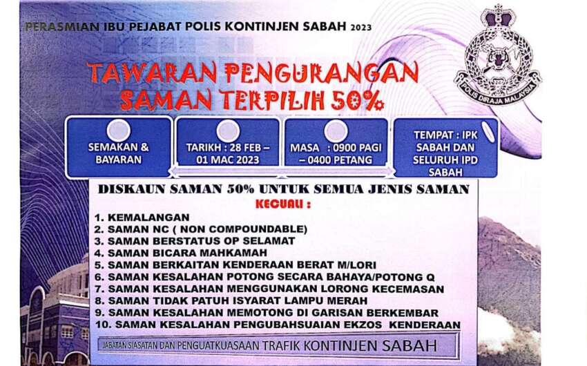 Sabah police giving 50% <em>saman</em> discount, 28/2 to 1/3 1581529