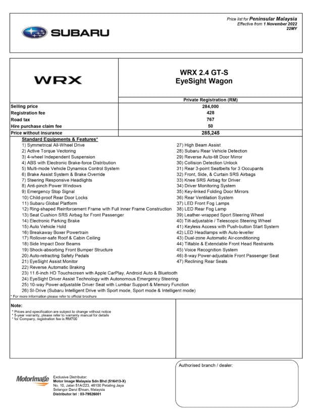 2023 Subaru WRX Wagon in Malaysia – 2.4T with 275 PS, CVT, EyeSight; costs less than sedan from RM285k