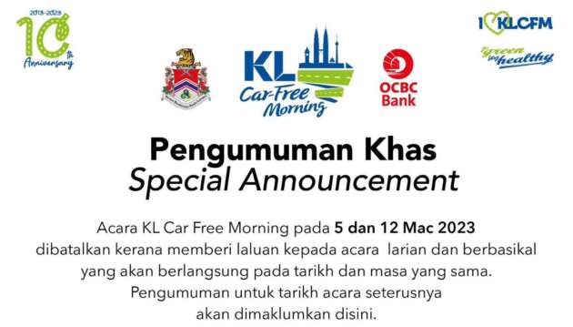 KL Car Free Morning pada 5 & 12 Mac dibatalkan