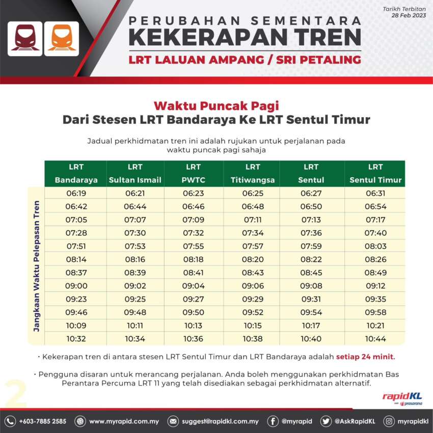 LRT Ampang/SP Line Sentul Timur-Bandaraya stretch – peak hour timetable with frequency of 24 minutes 1582414