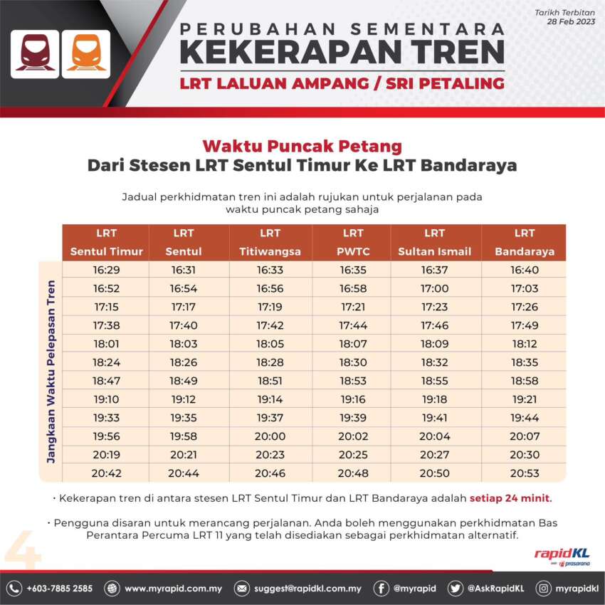 LRT Ampang/SP Line Sentul Timur-Bandaraya stretch – peak hour timetable with frequency of 24 minutes 1582415