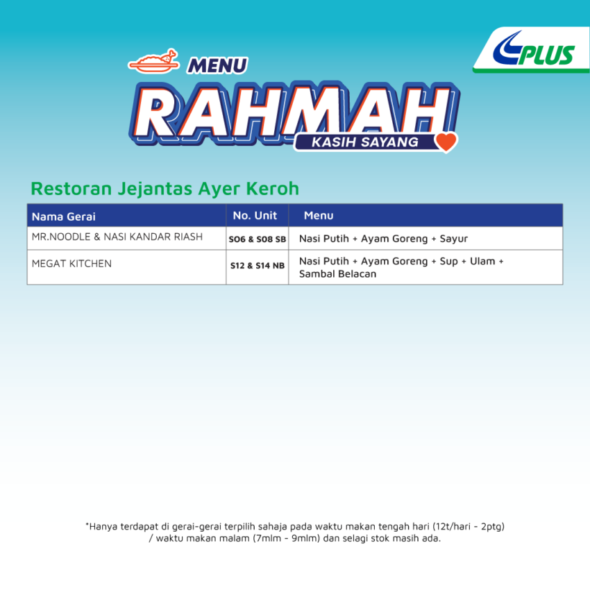 PLUS Menu Rahmah meals now at southern R&Rs 1585191