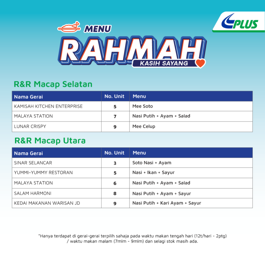 PLUS Menu Rahmah meals now at southern R&Rs 1585194