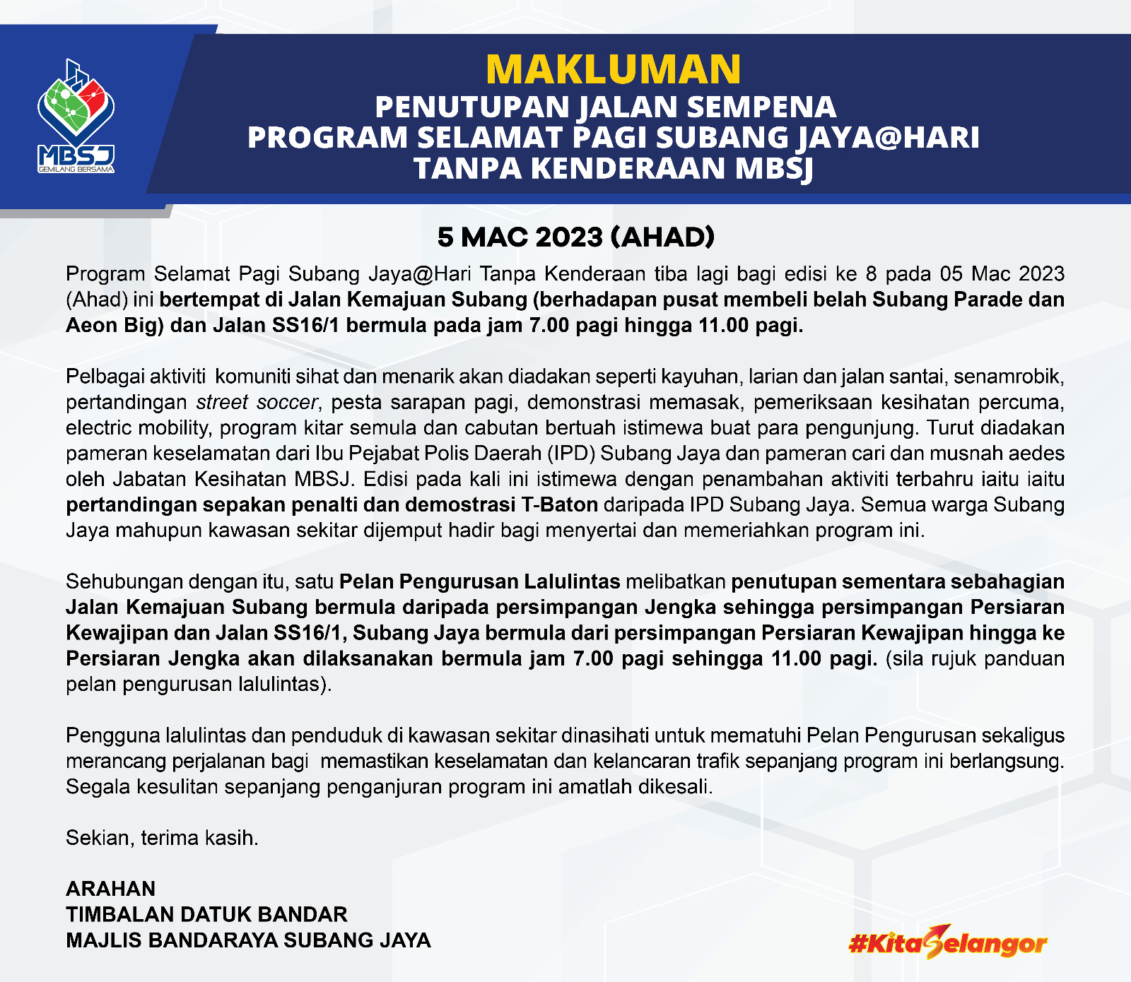 Subang Jaya Car Free Morning Notice