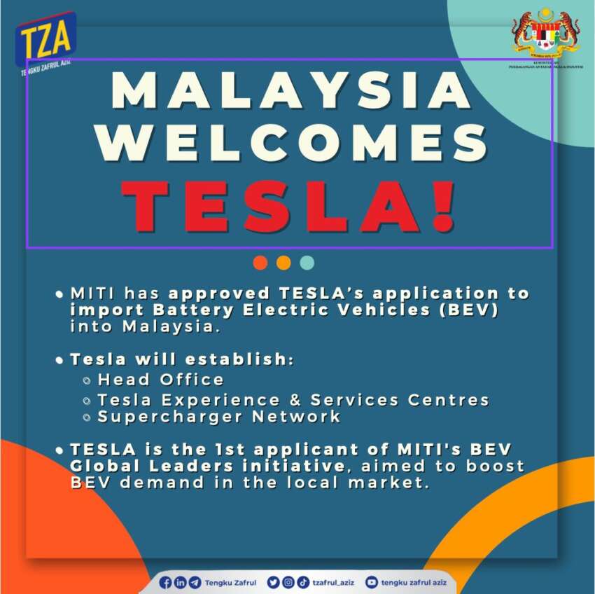 Tesla Malaysia officially coming with car sales, service centre and superchargers – Tengku Zafrul 1582581
